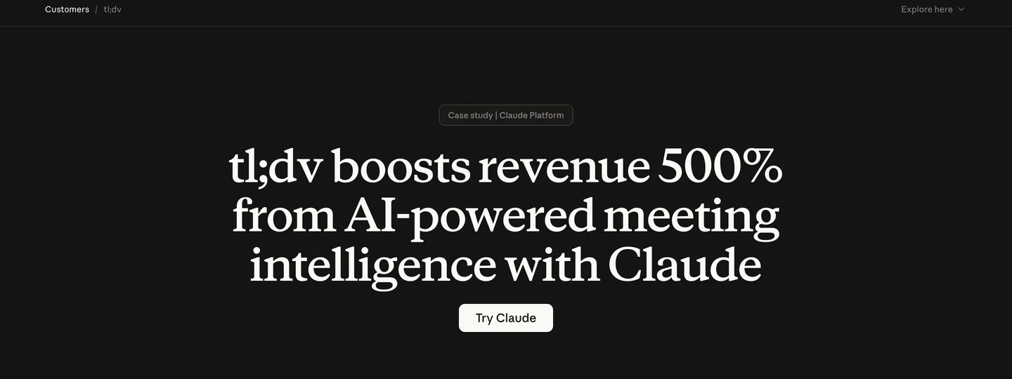 Anthropic's customer story page headlined 'tl;dv boosts revenue 500% from AI-powered meeting intelligence with Claude'.